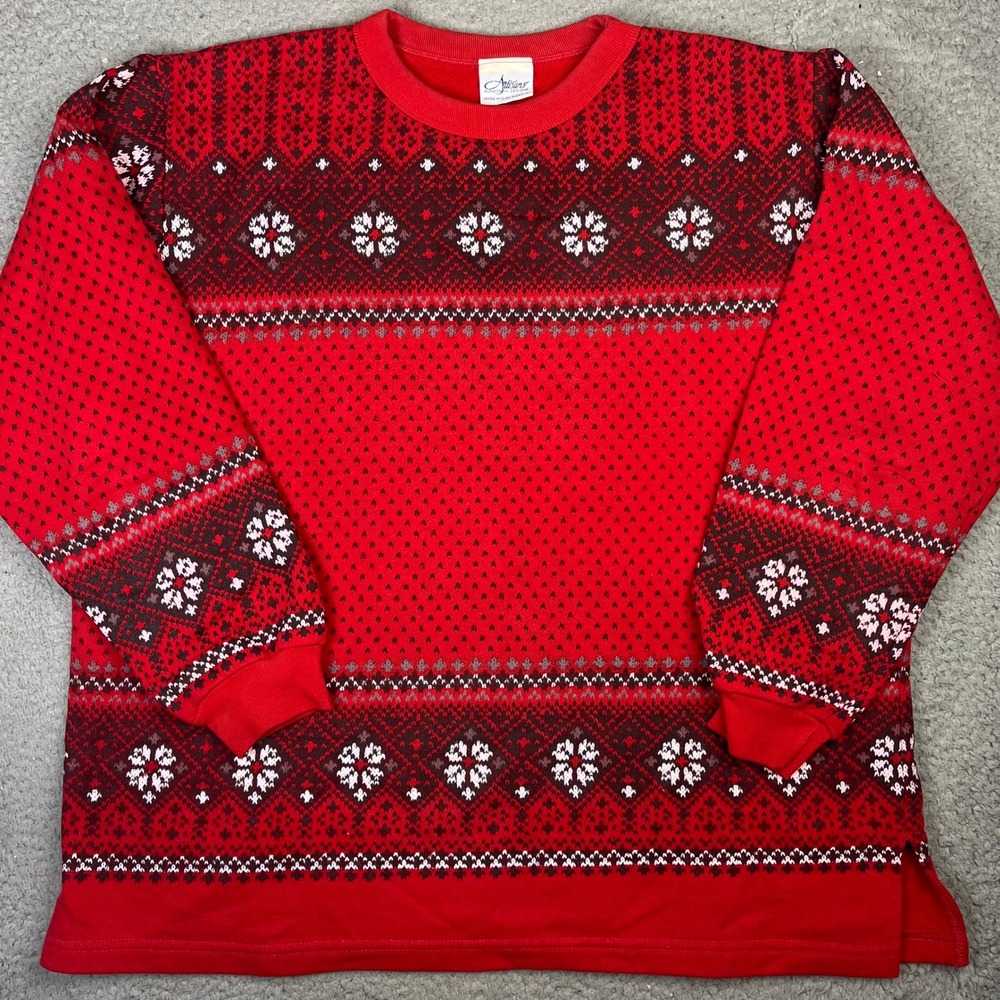 Red Fair Isle Snowflake Holiday Pullover Artisans Sweatshirt Women XL